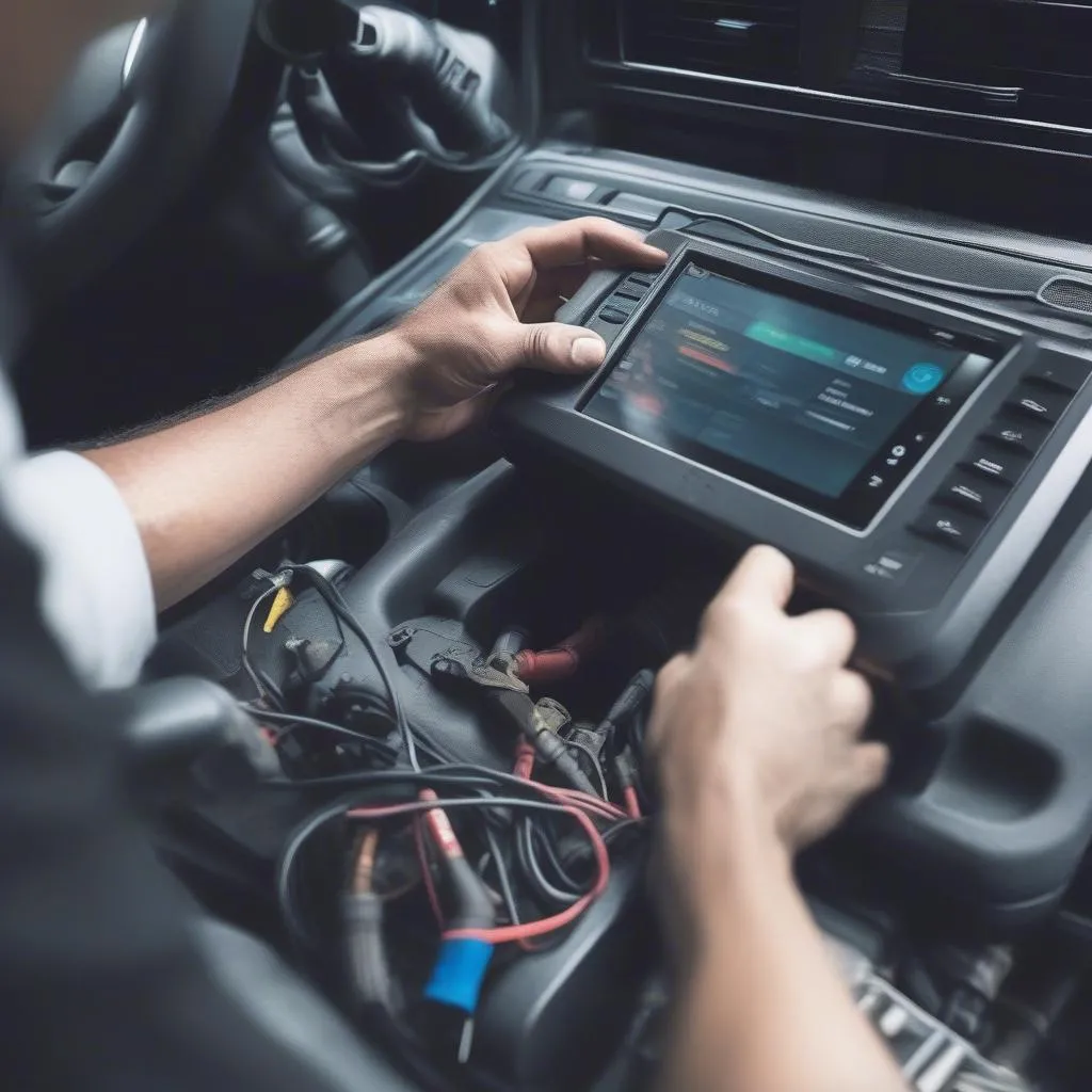 Mechanic using an OBD-II scanner on a car