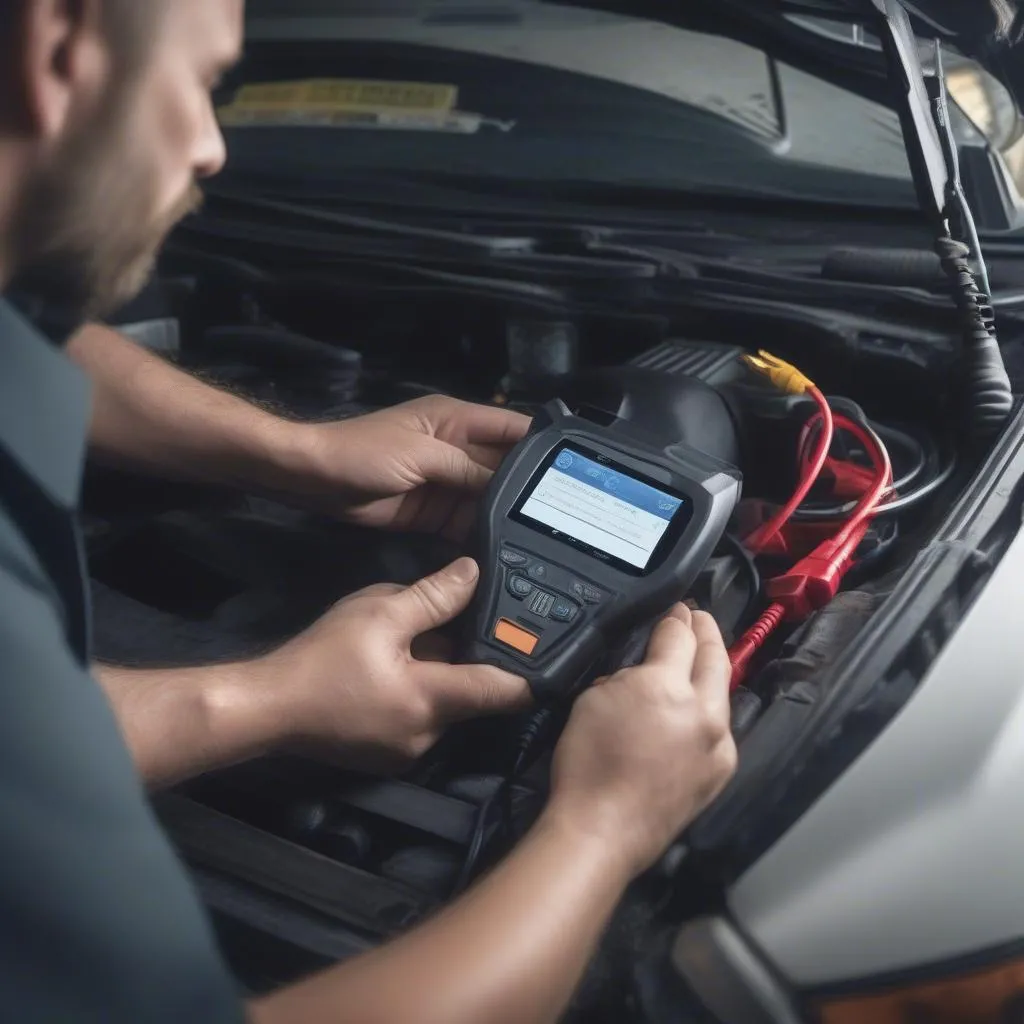 mechanic diagnosing car with OBD scanner