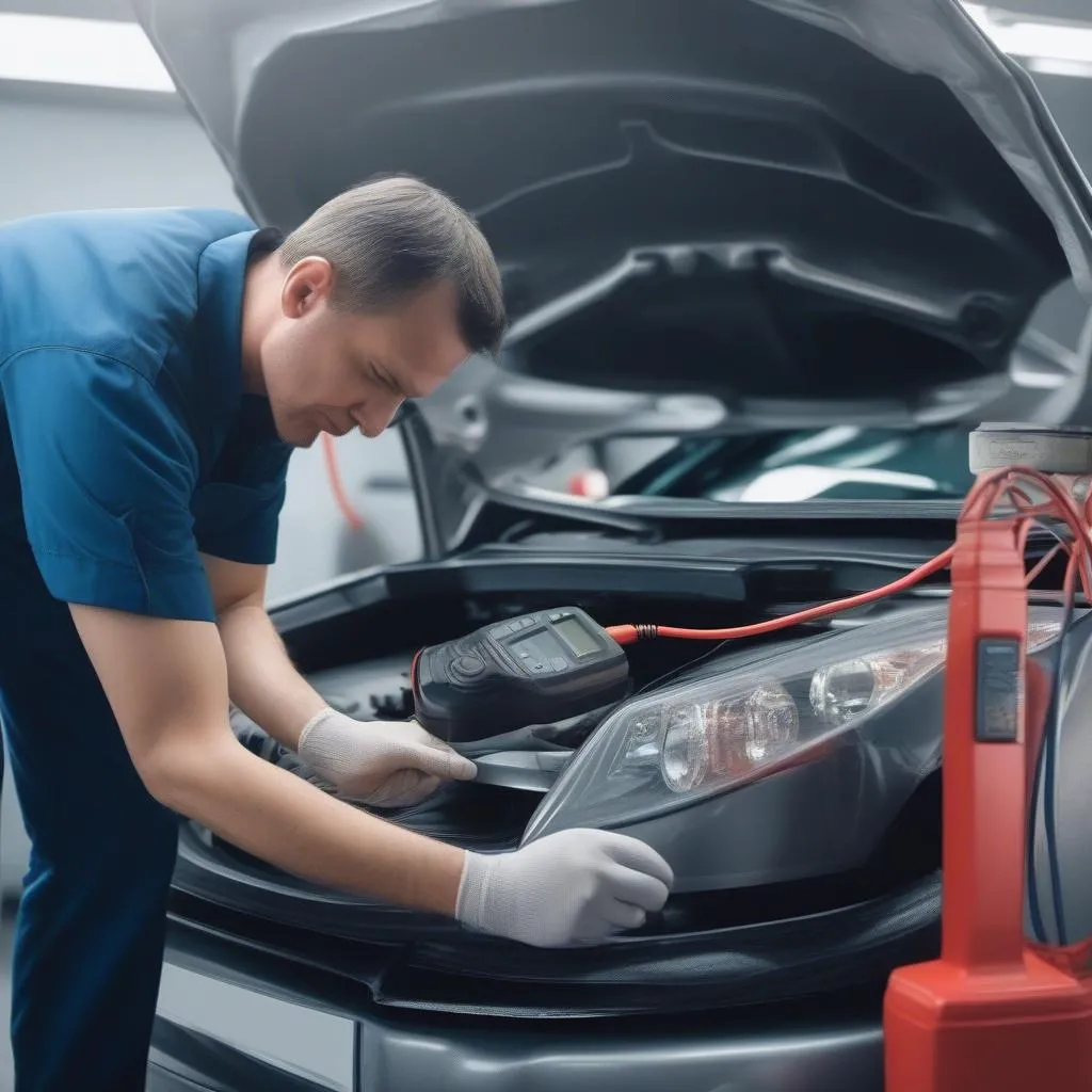 Mechanic using an OBD-II scanner on a car