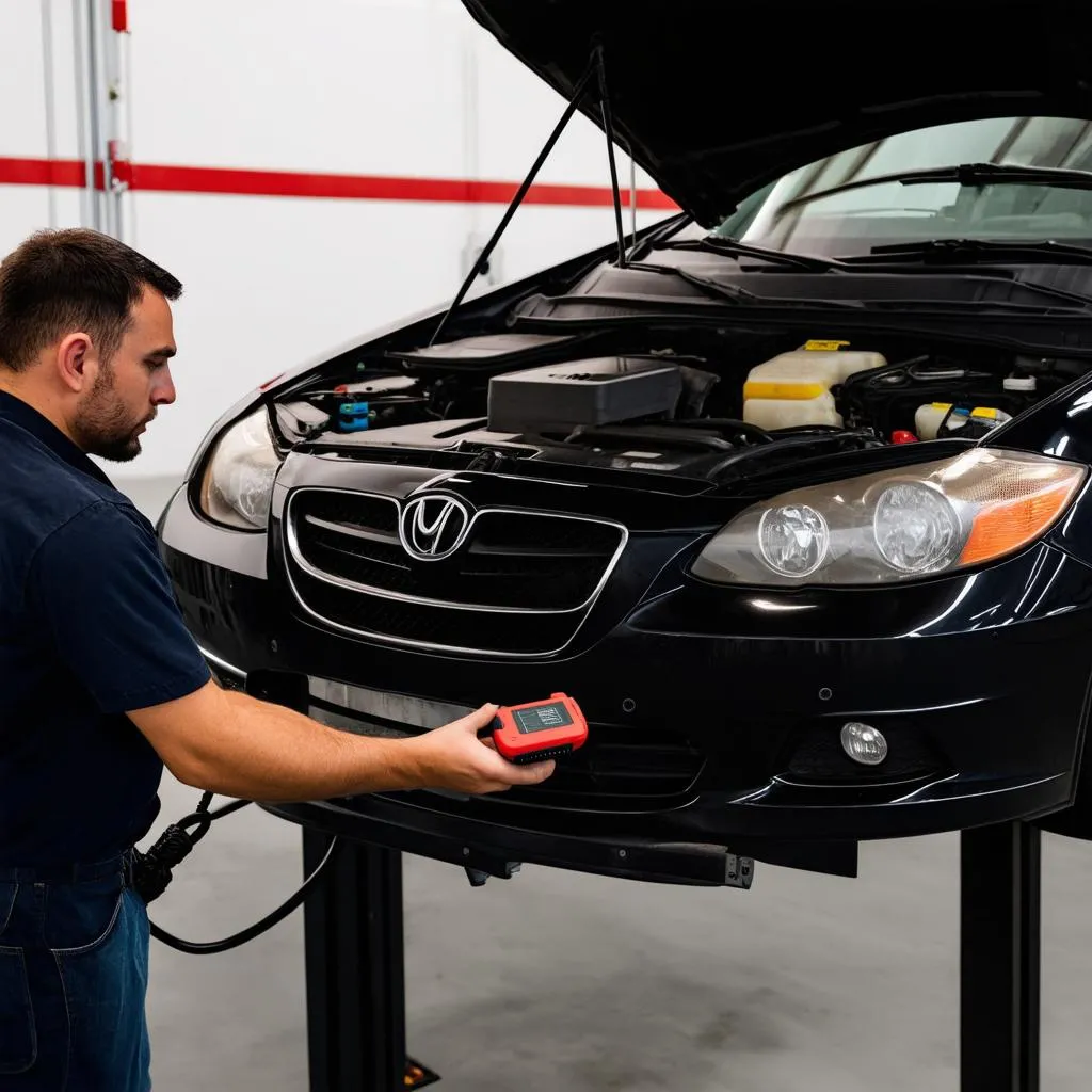 Mechanic Using OBD2 Scanner on Car