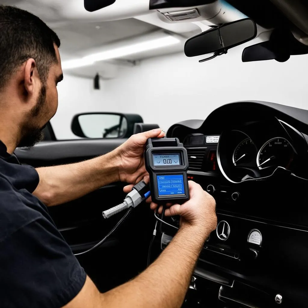 Mechanic using OBD2 scanner on Mercedes