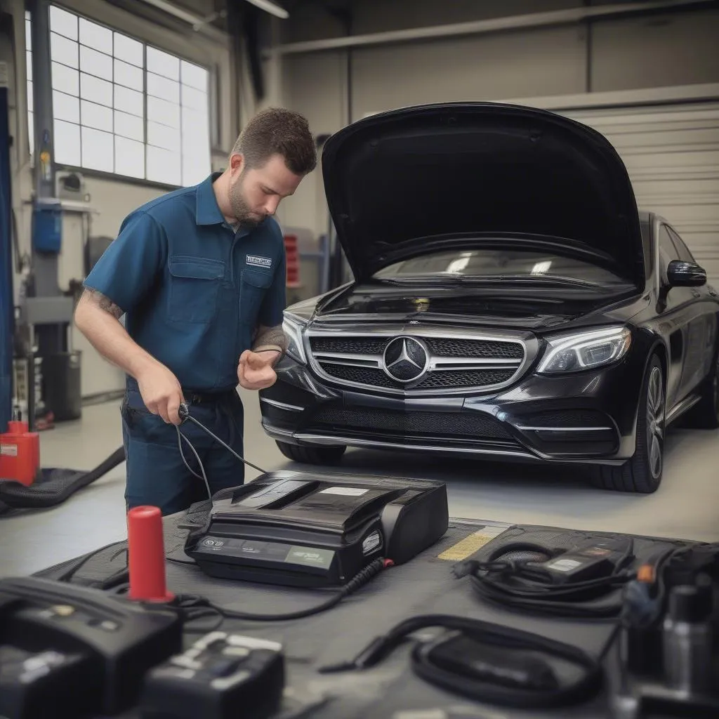 Mechanic using OBD2 scanner on Mercedes-Benz