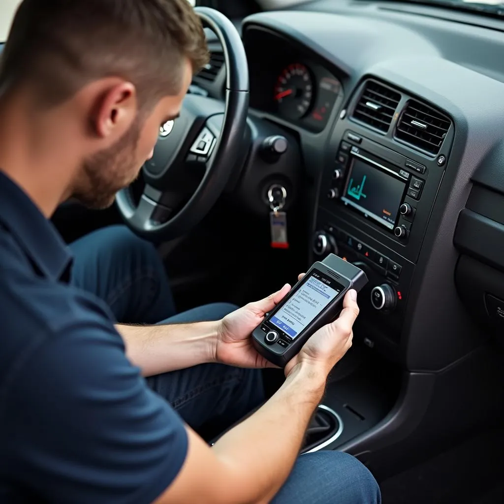 Mechanic Diagnosing Car with OBD-II Scanner