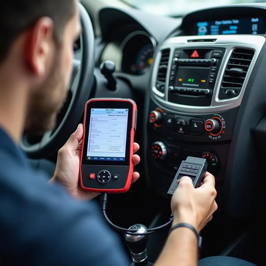 Mechanic using an OBD2 scanner on a vehicle