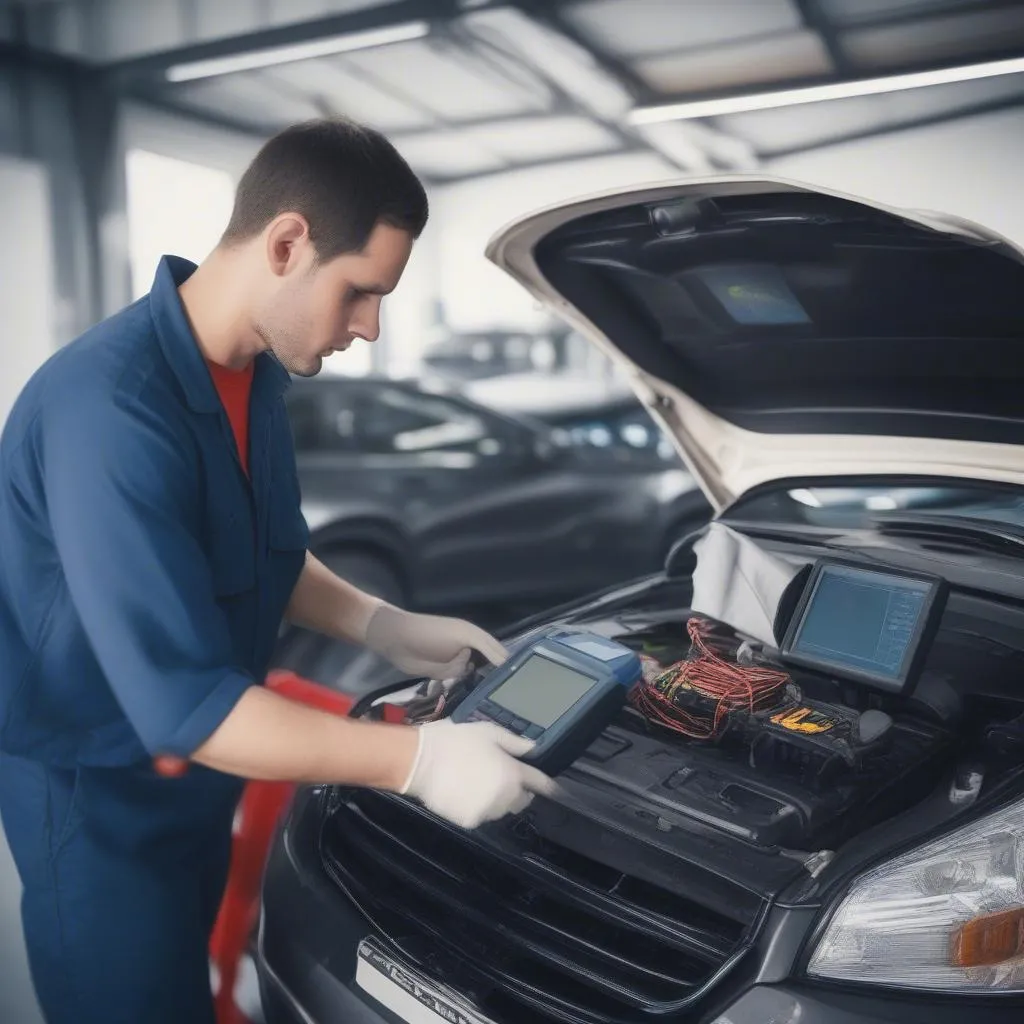 Mechanic Using OBD2 Scanner on Car