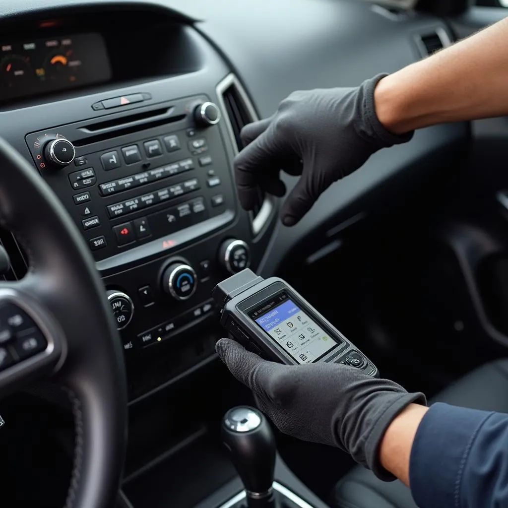 Mechanic Using OBD2 Scanner on Car