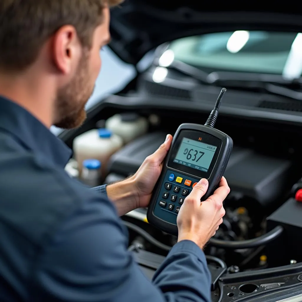 Mechanic Diagnosing Car with OBD-II Scanner