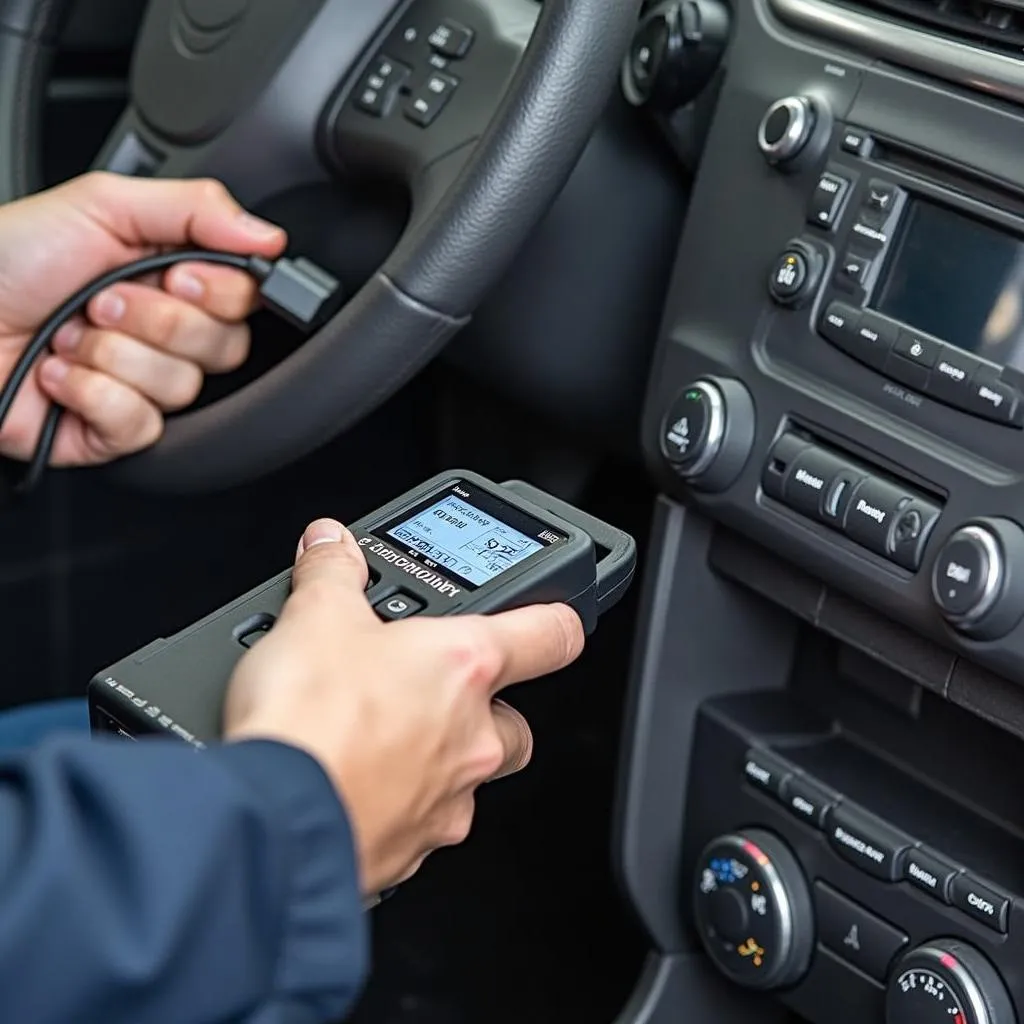 Mechanic using OBD2 scanner on a car