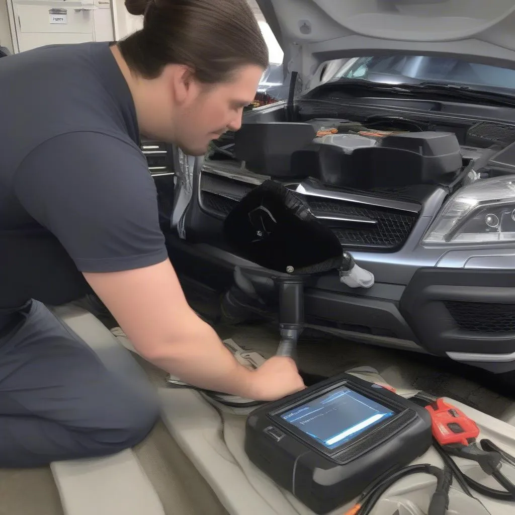 Mechanic using a diagnostic tool