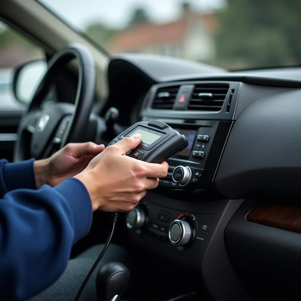 Mechanic using an OBD2 scanner on a Honda Pilot