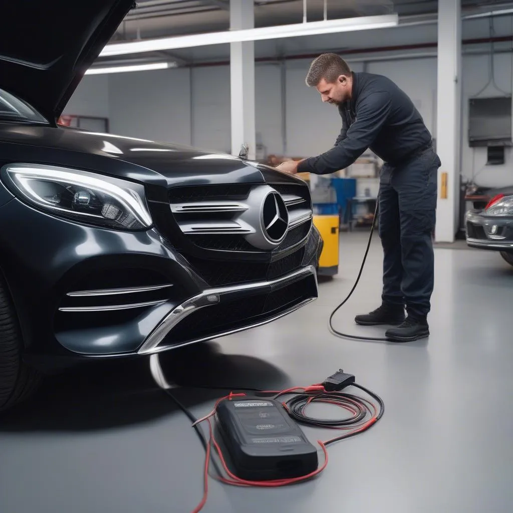 Mechanic Using OBD2 Scanner on Mercedes