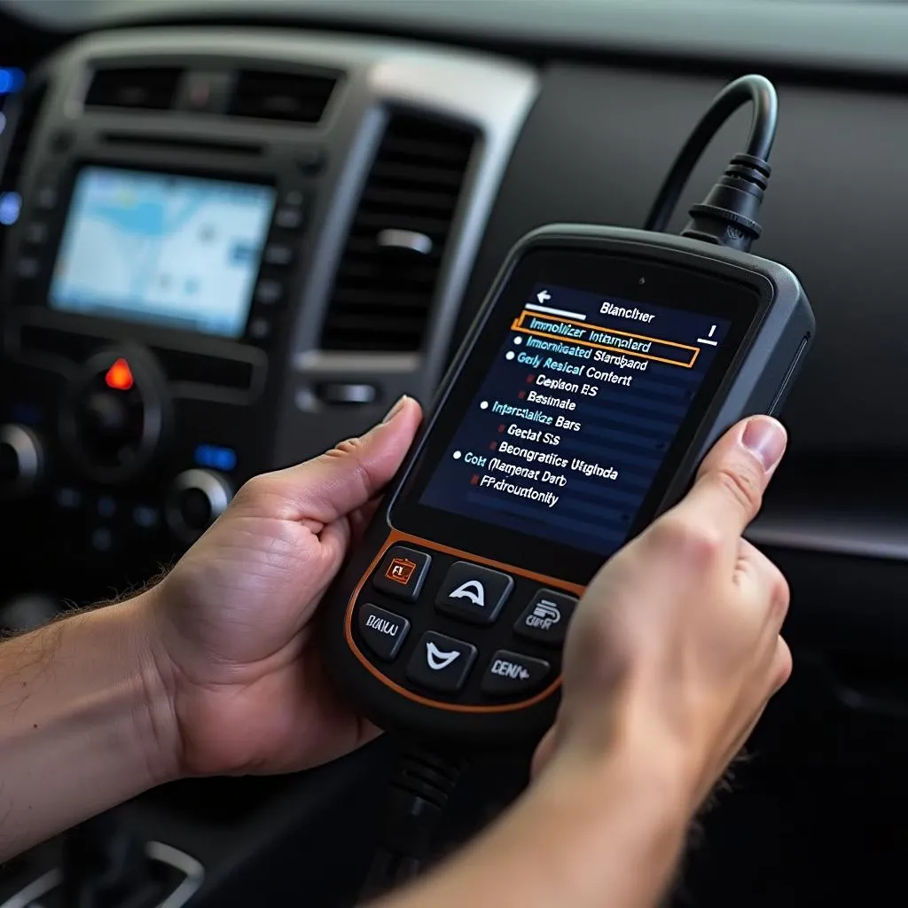 Mechanic diagnosing car trouble codes with OBD-II scanner