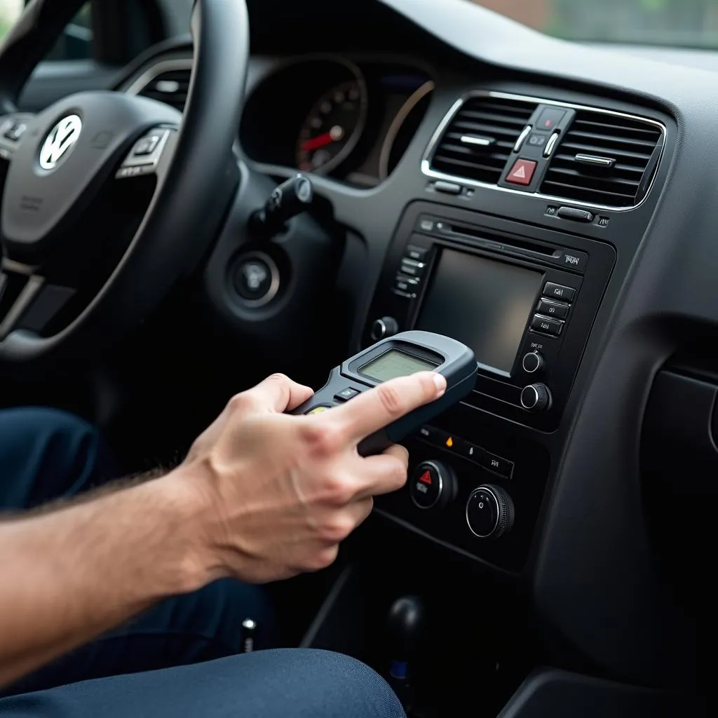 Mechanic using an OBD-II scanner to diagnose a Volkswagen's anti-theft system