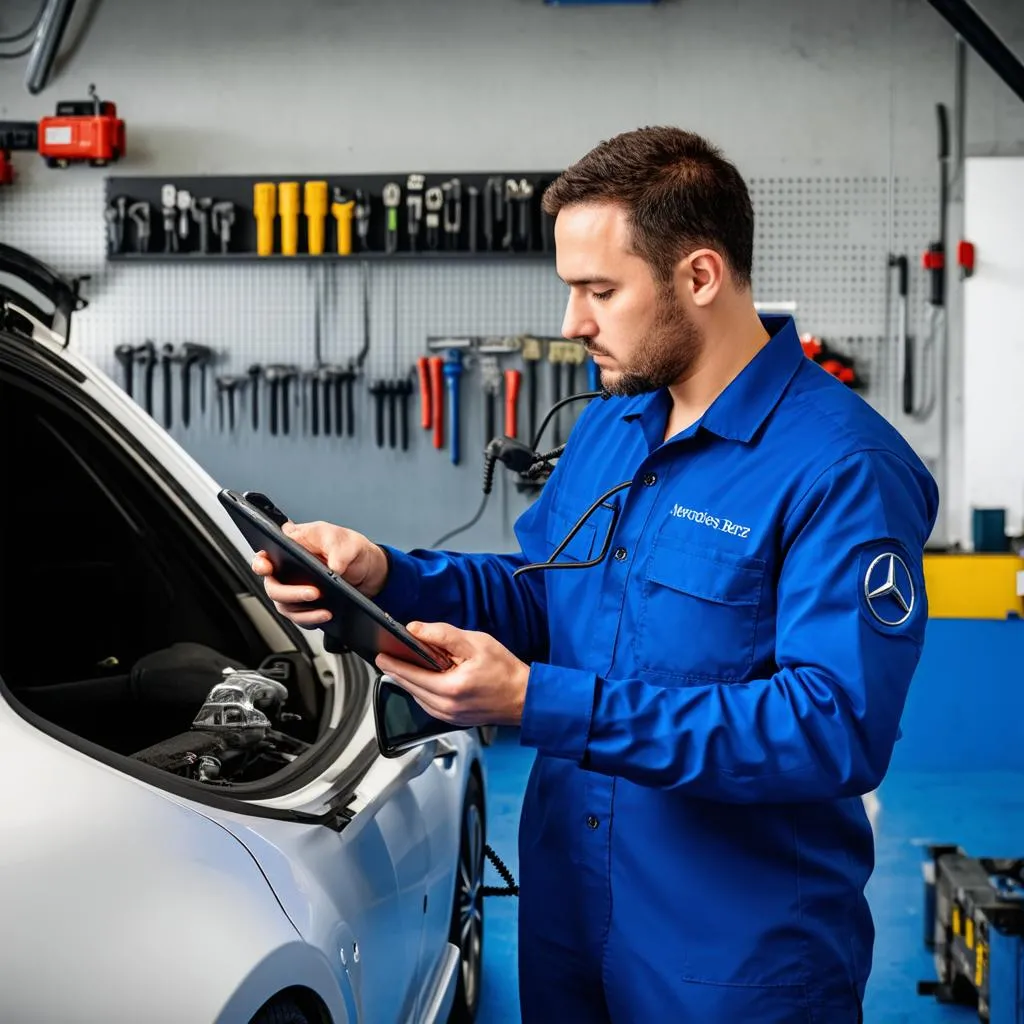 Mechanic using OBD2 software to diagnose a car problem