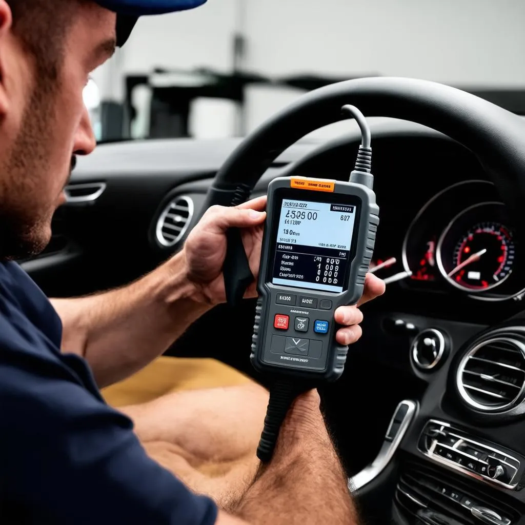 Mechanic Using a Scan Tool on a Mercedes-Benz