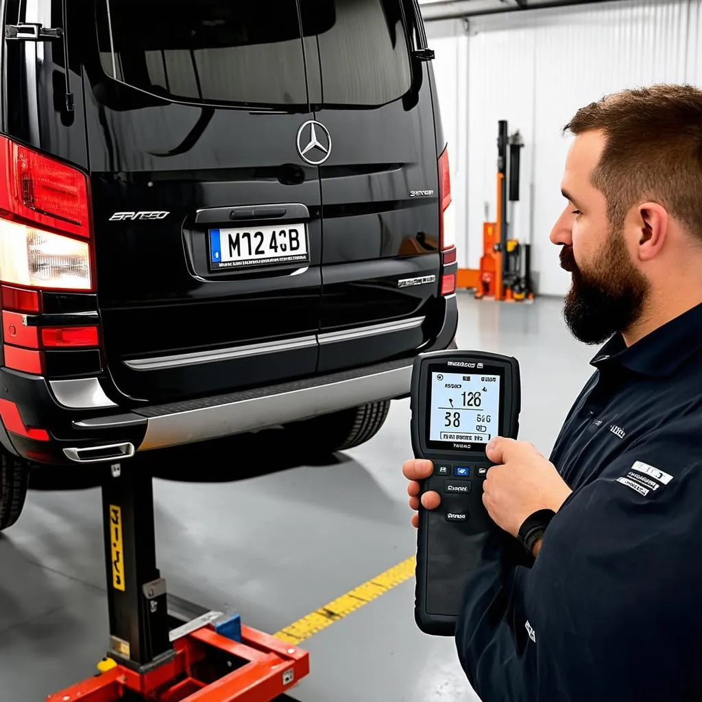 A mechanic using a scan tool to diagnose a Mercedes Sprinter