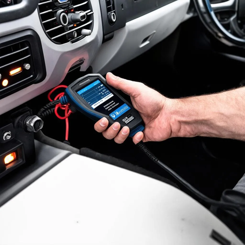 Mechanic Using Scan Tool on Mercedes Sprinter Dashboard