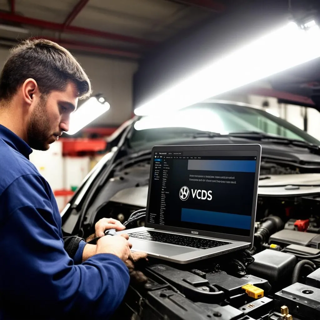 Mechanic Diagnosing a Car with VCDS