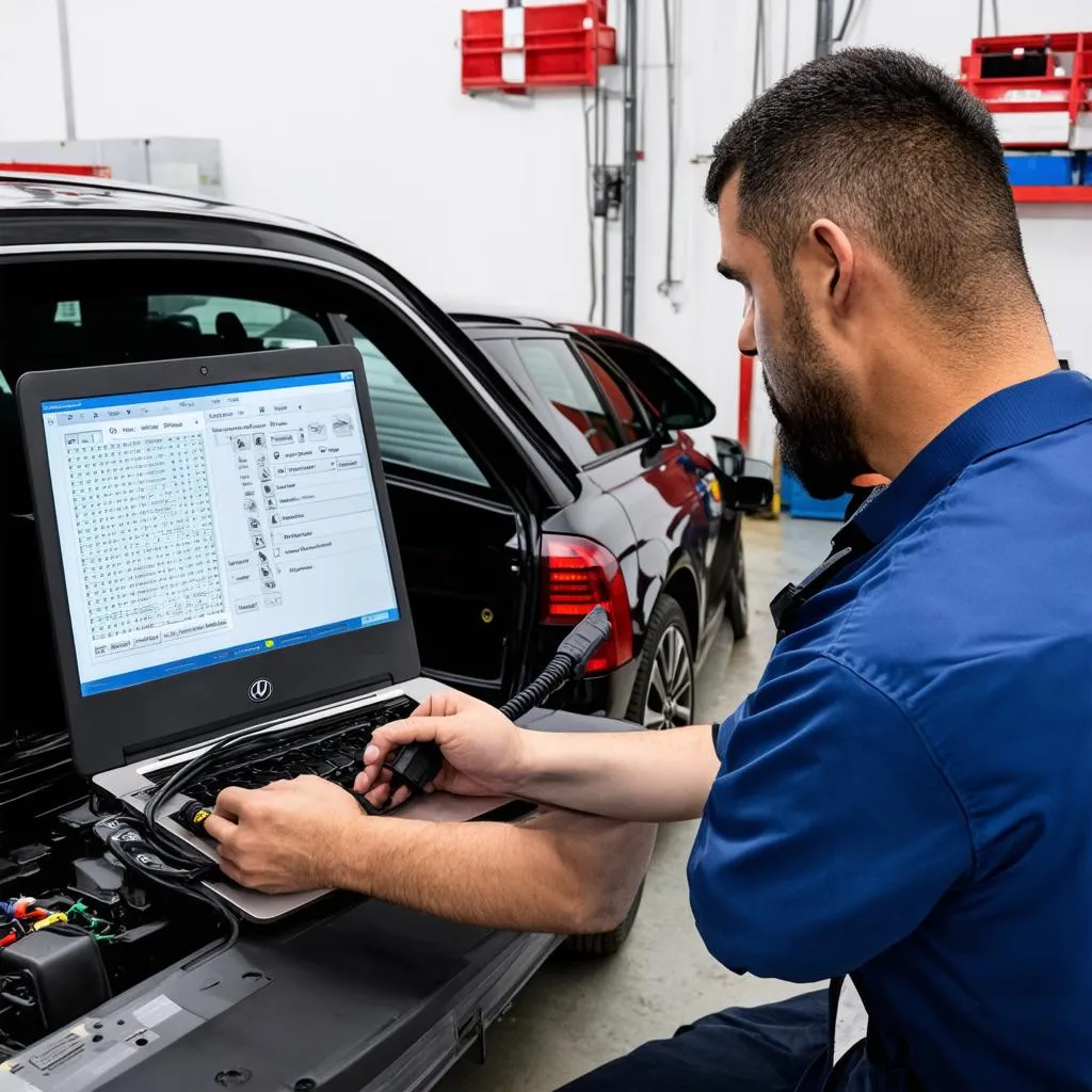 Mechanic using VCDS software on a laptop