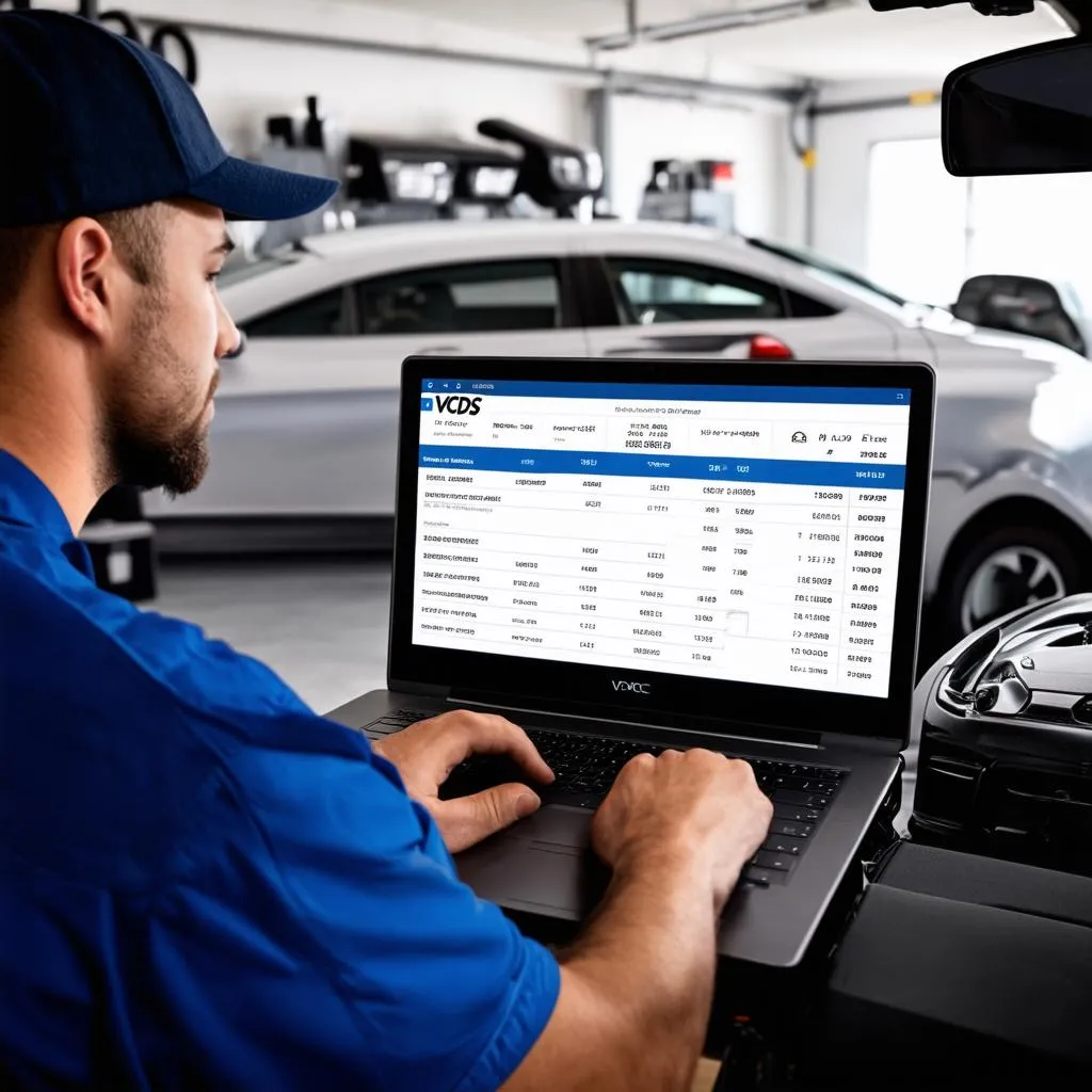 Mechanic using VCDS on a laptop to diagnose a car