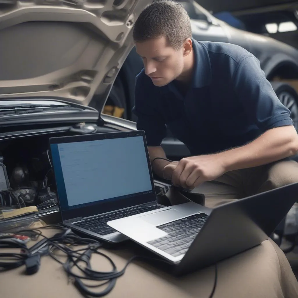 mechanic diagnosing car using vcds software on laptop