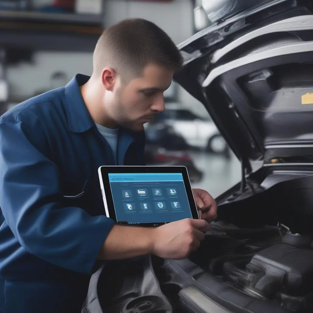 Mechanic Using VCDS Tablet