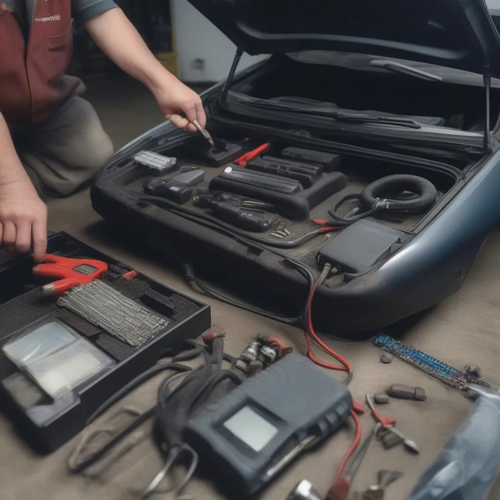 Mechanic working on car diagnostics