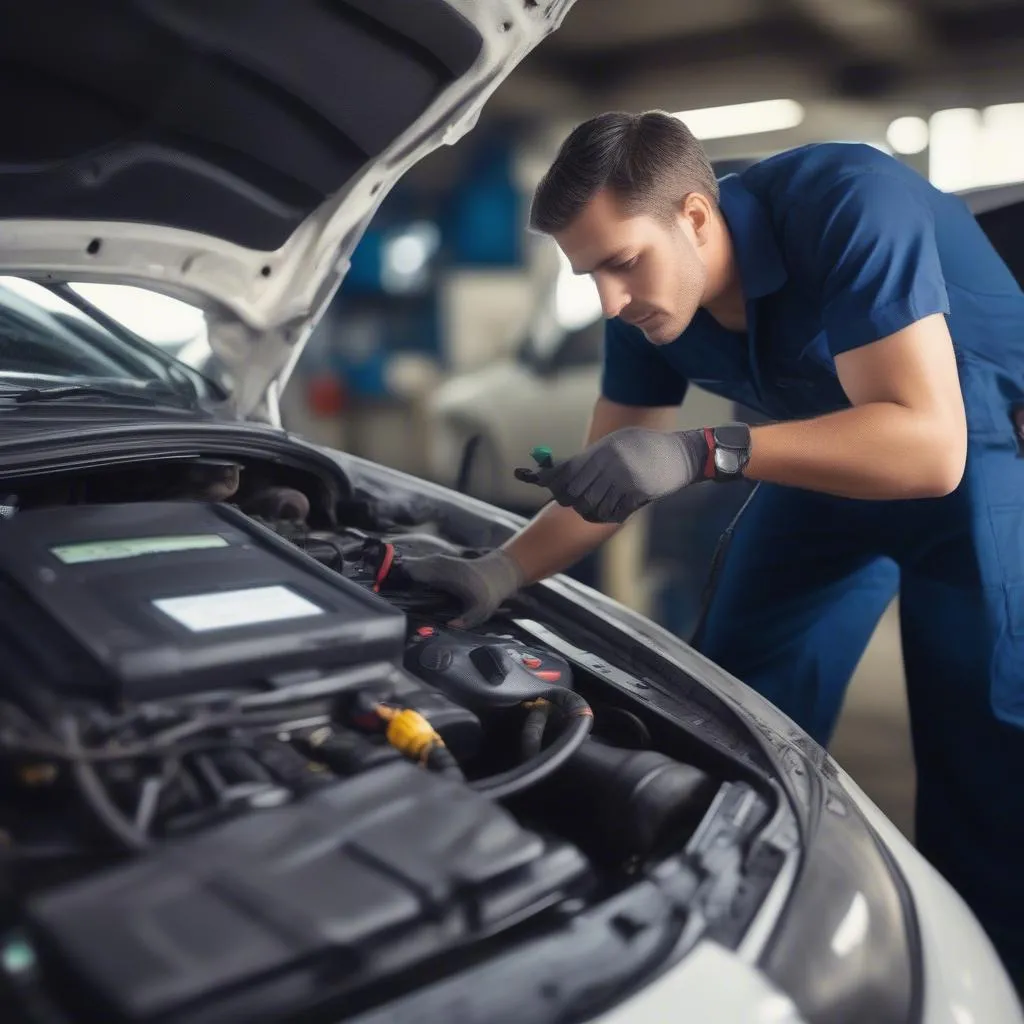 Mechanic using diagnostic equipment on a car