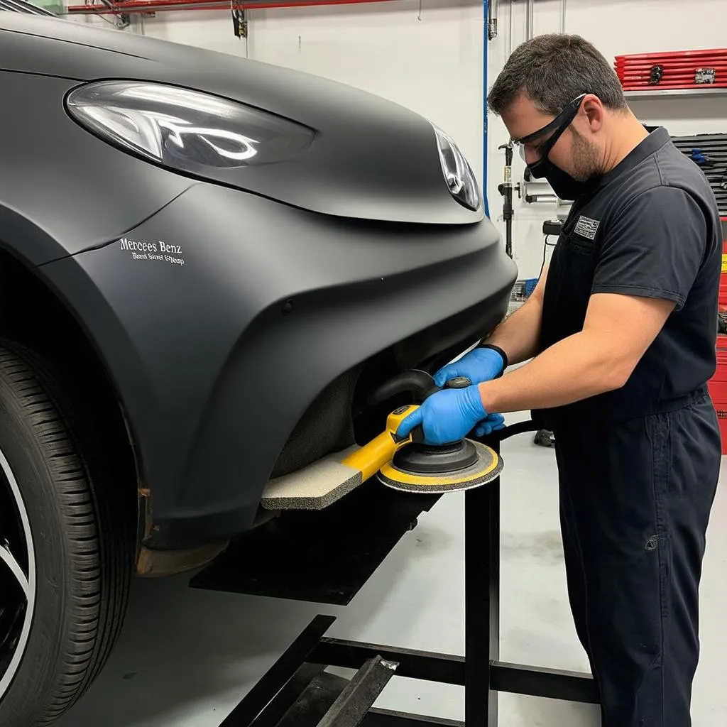 A Mercedes Benz body shop technician meticulously sanding a car part to achieve a smooth and flawless finish.