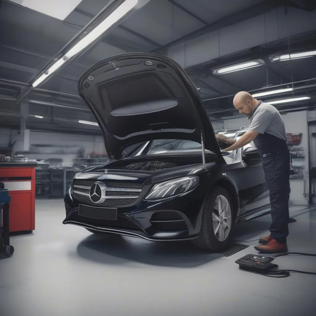 Mercedes mechanic diagnosing