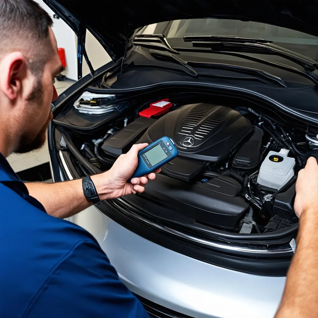 Mechanic Using Scanner on Mercedes