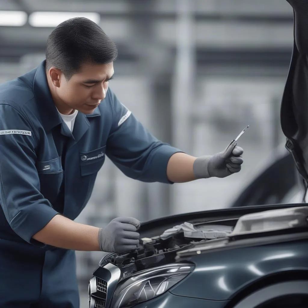 Mercedes-Benz Specialist Inspecting Car