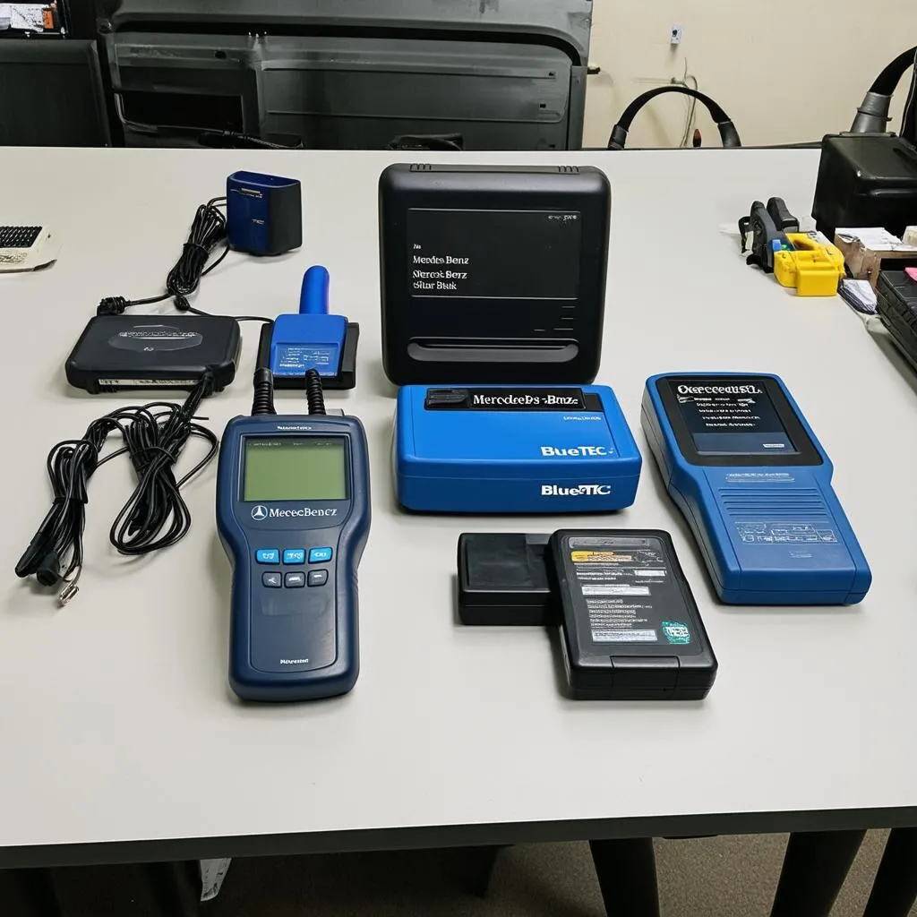 Assortment of professional OBD-II scanners and diagnostic tools.