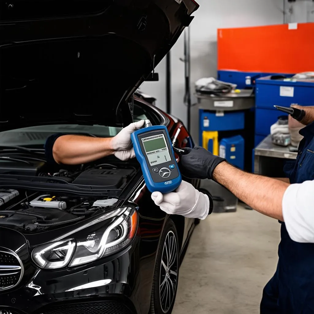 Mechanic using professional diagnostic tool for Mercedes cars