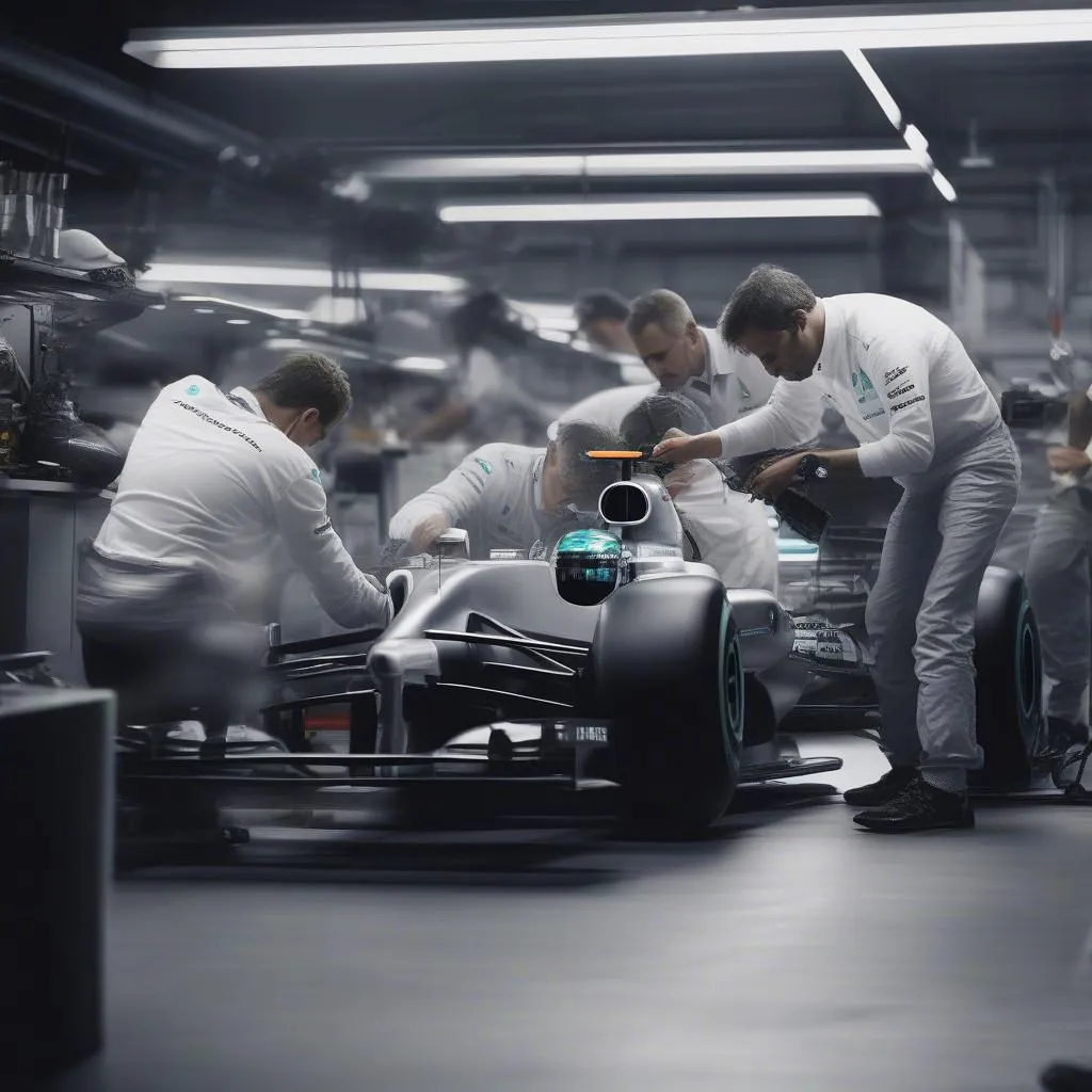 Mercedes engineers working on their F1 car