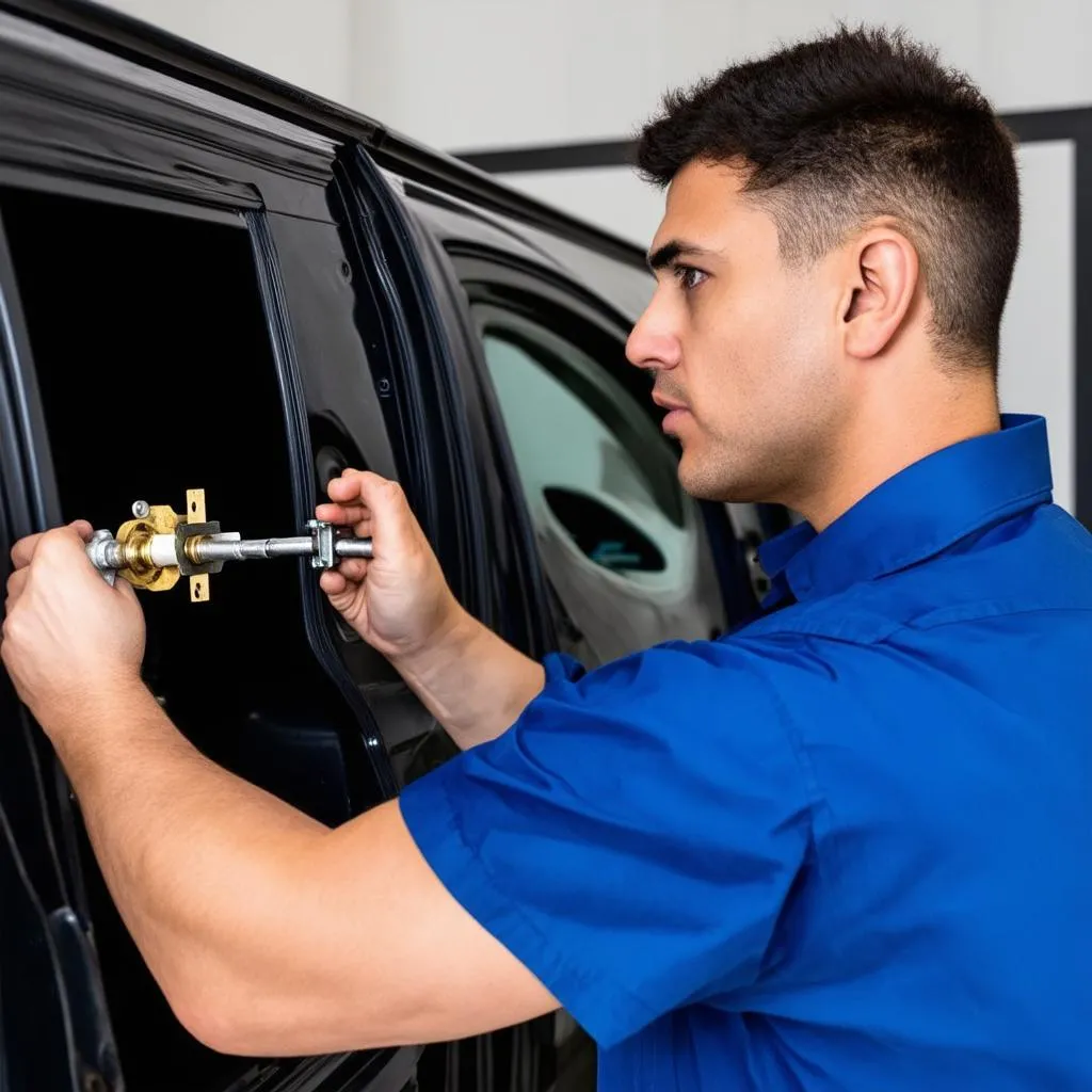 Mechanic using a specialized tool to remove a lock cylinder