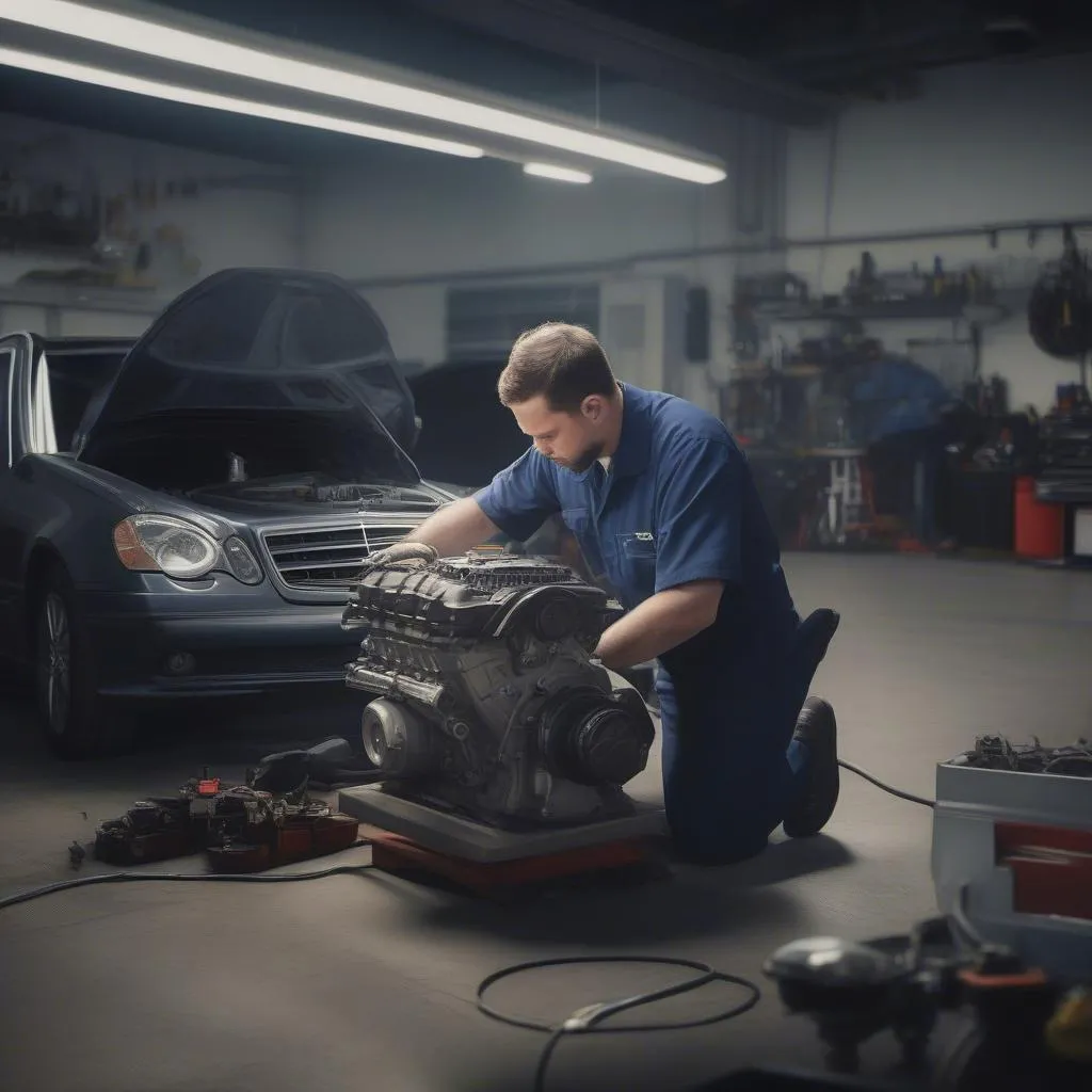 Mechanic working on Mercedes engine