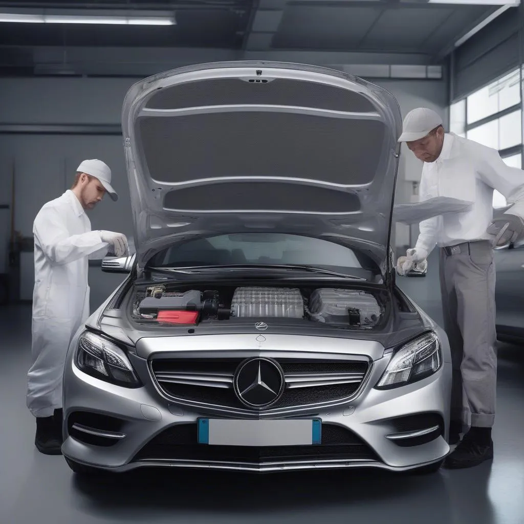 Mercedes mechanic checking engine