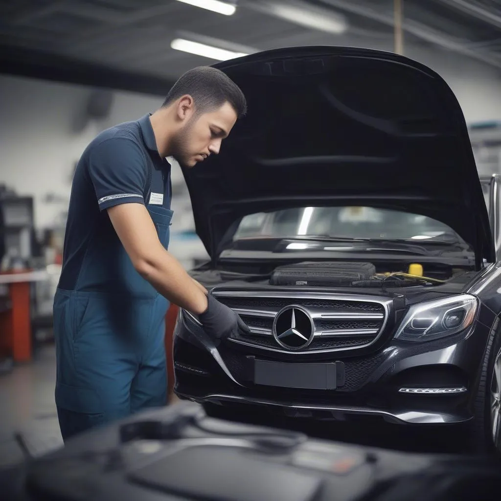 Mercedes Mechanic Using Diagnostic Tool