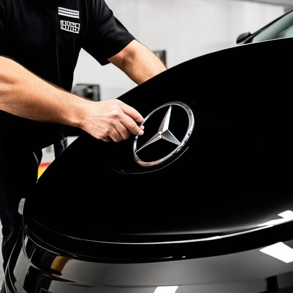 Mercedes Mechanic Installing Hood Emblem