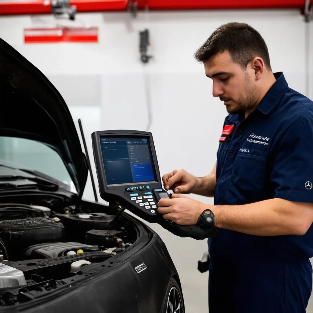 Mechanic Using DAS to Diagnose a Mercedes