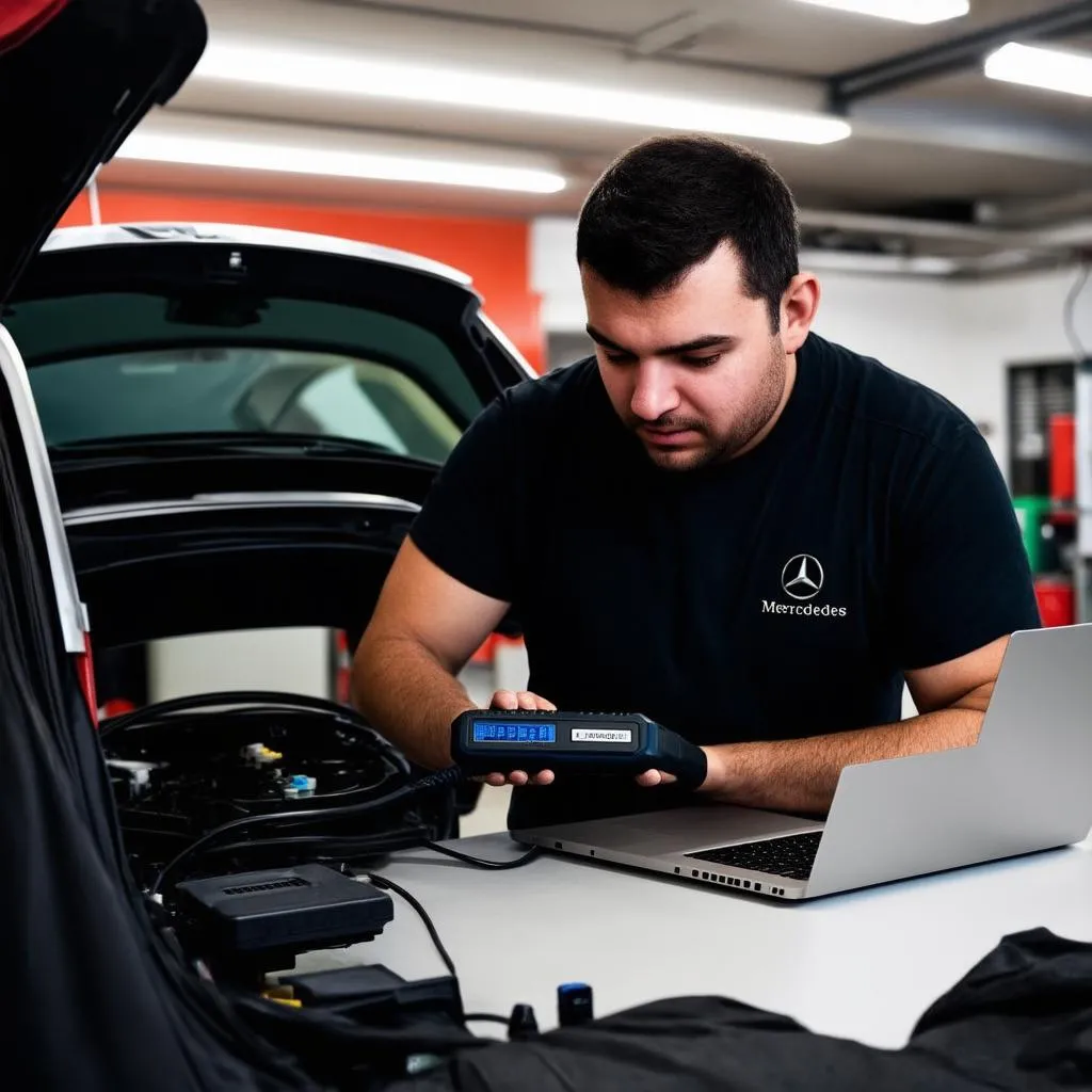 Mercedes Mechanic using Diagnostic Tool