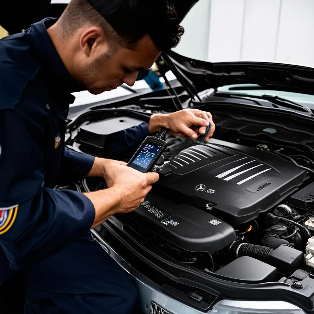 Mercedes Mechanic Using Diagnostic Tool