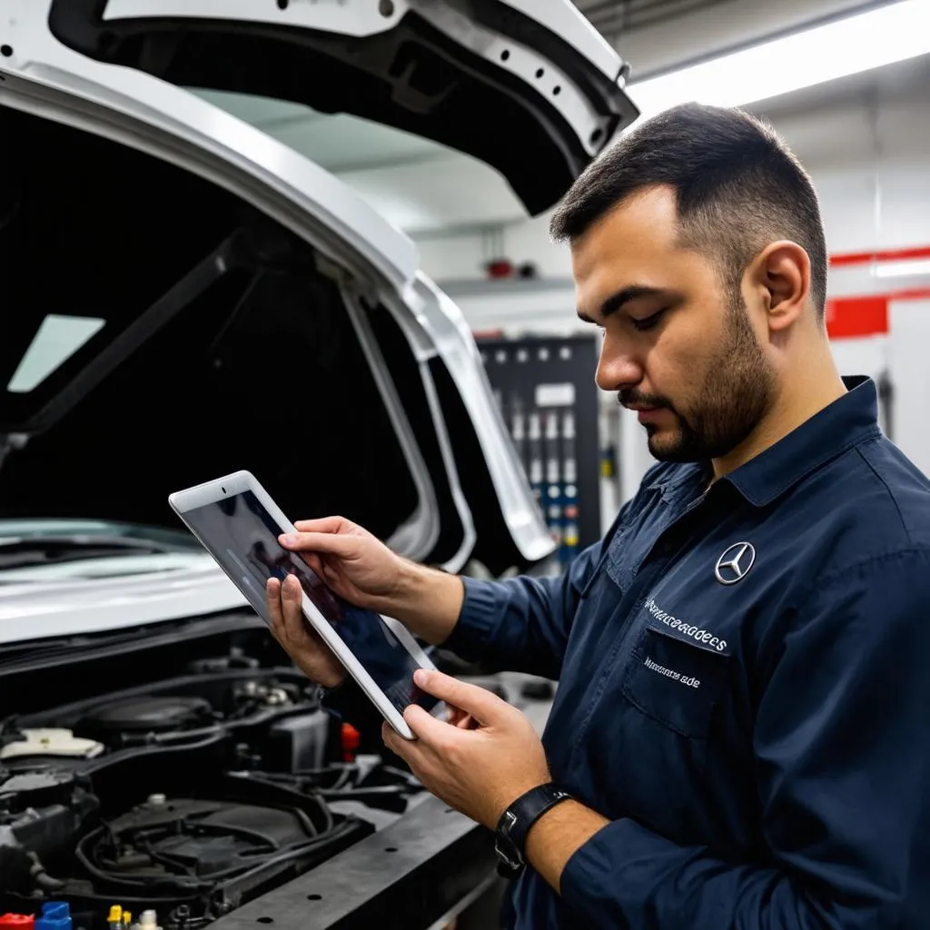 Mercedes Mechanic Using Digital Tablet