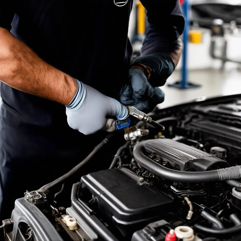 Mercedes Mechanic Using Extraction Tool