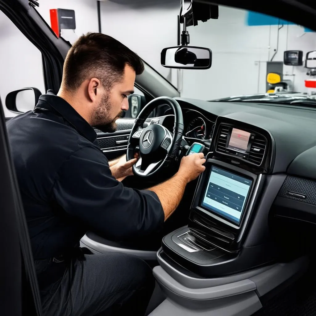 Mercedes Mechanic Using a Scanner