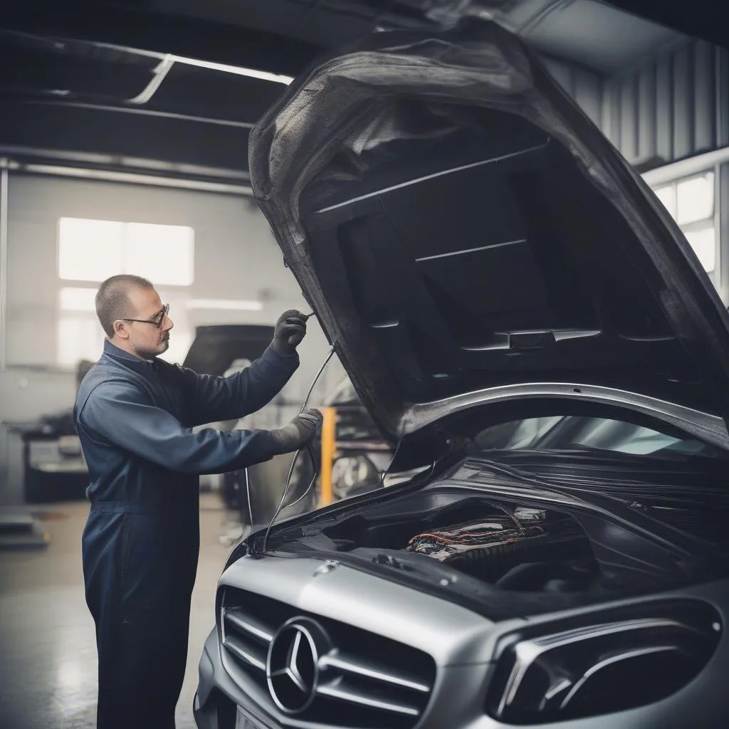 Mercedes mechanic working on a car