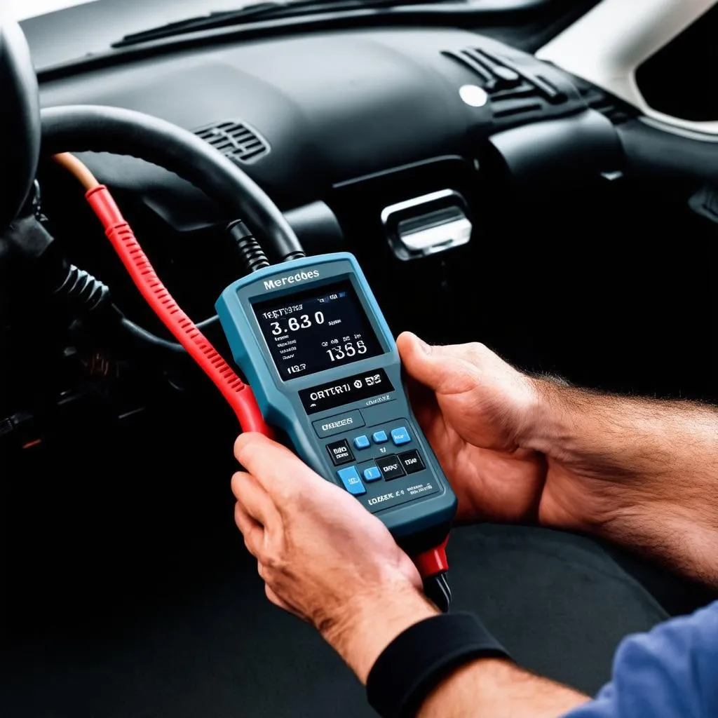 Mercedes programming tool being used by a mechanic