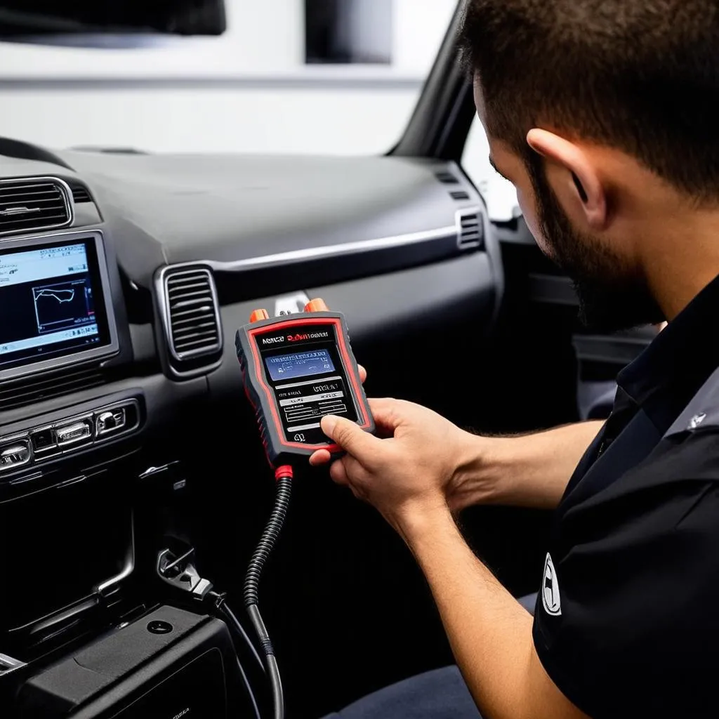 Mercedes Technician Using Diagnostic Tool