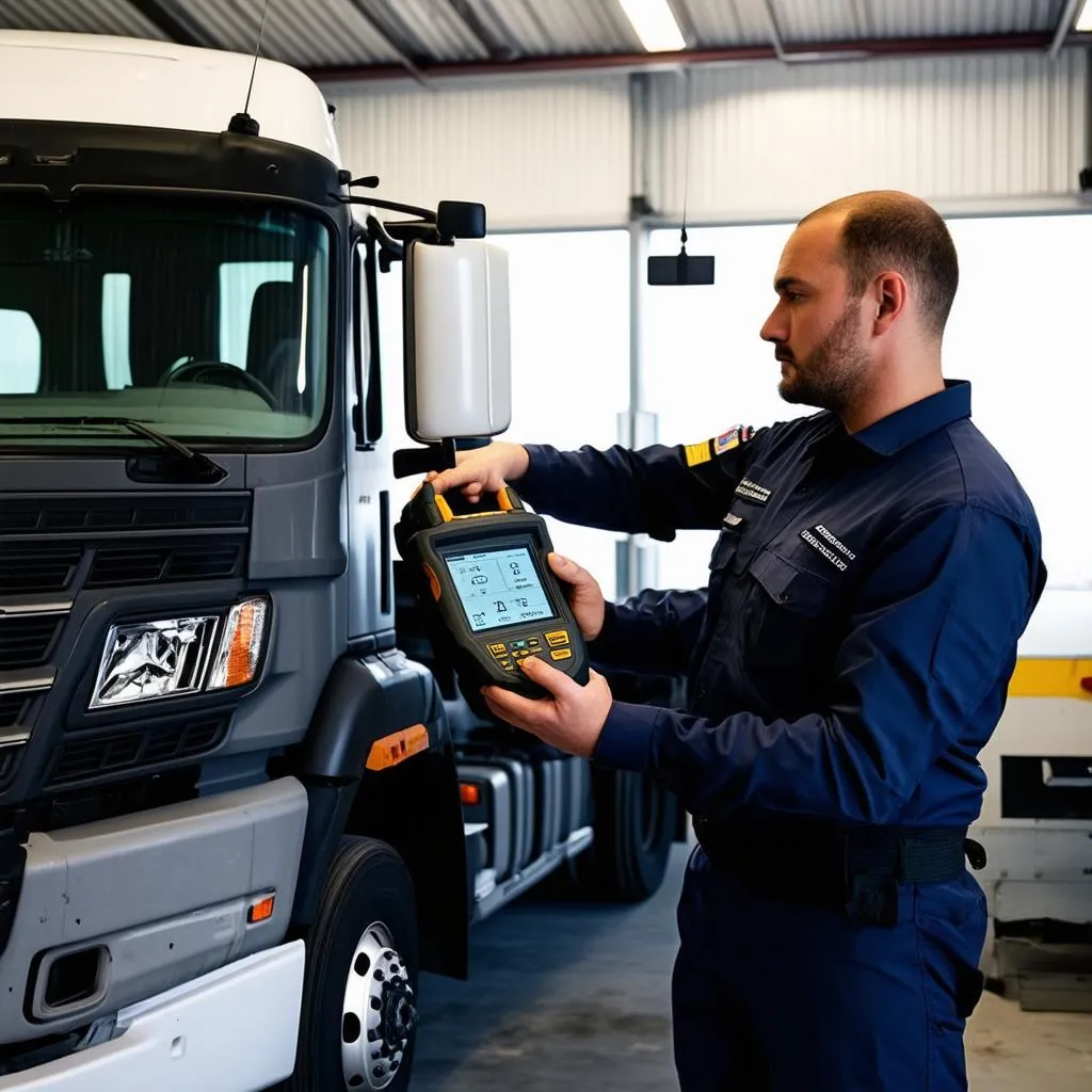 Mercedes truck scan tool being used by a mechanic